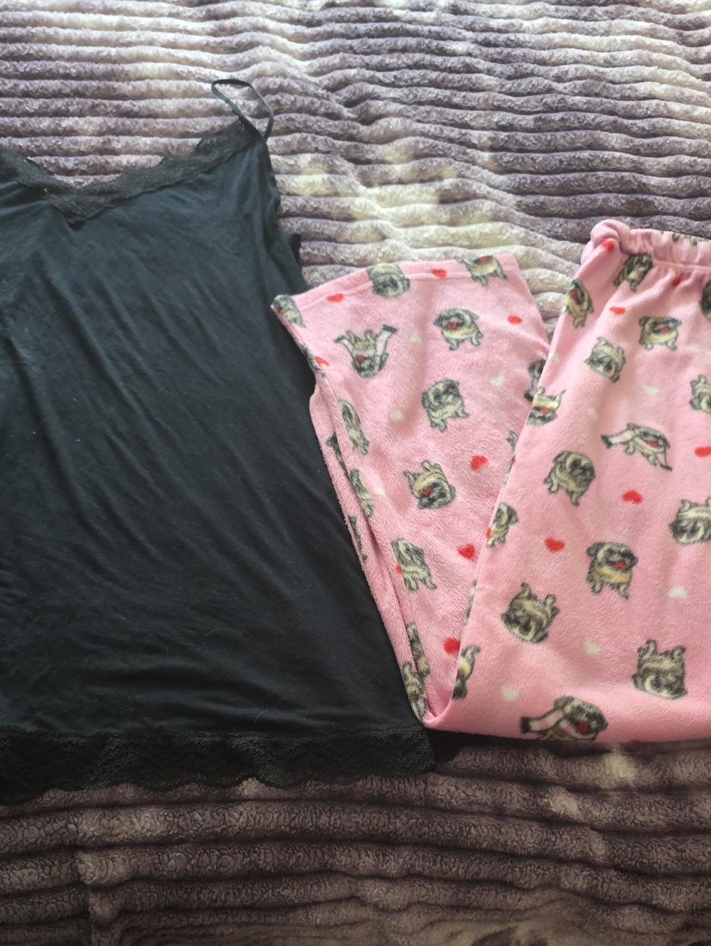 La SENZA Black Lace Camisole with Pink Pug-Print Pajama Pants